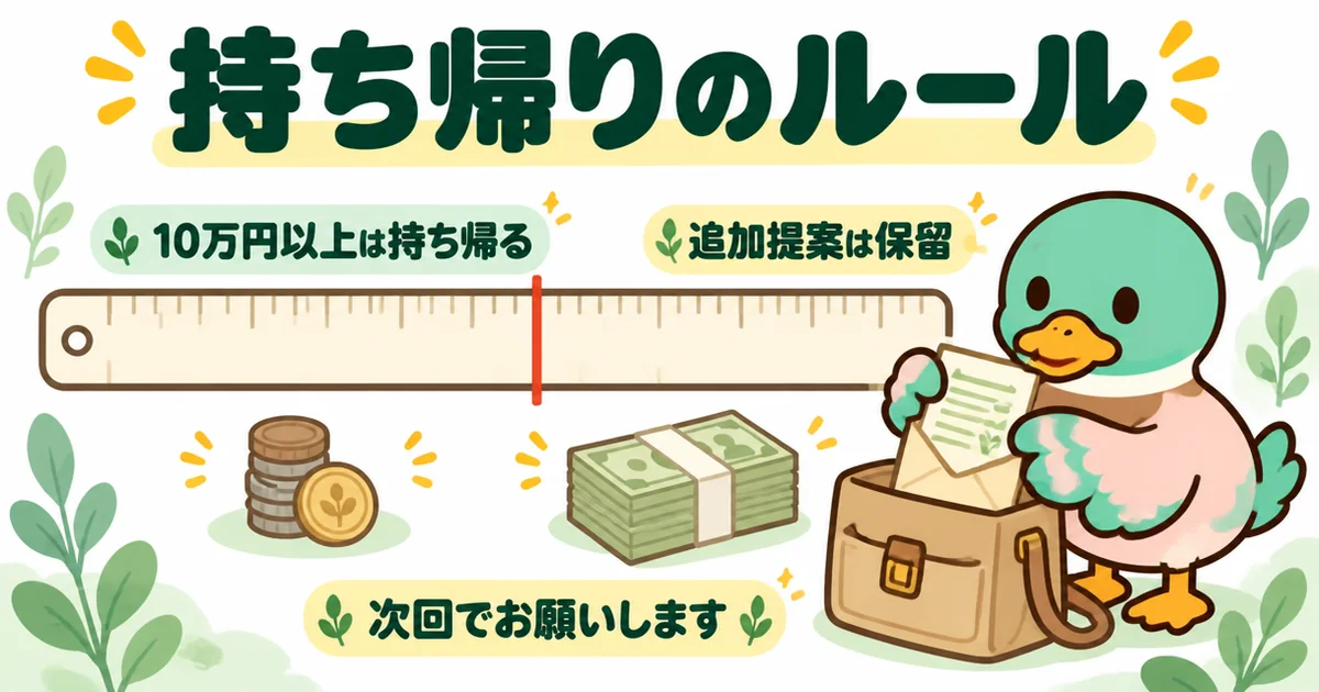 注文住宅の打ち合わせで10万円以上は必ず持ち帰るという線を決め、提案書をかばんにしまうあいみつの図。