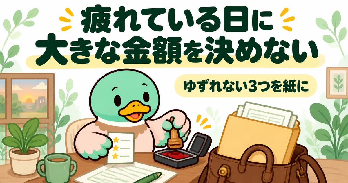 注文住宅の打ち合わせで疲れている日は大きな金額を決めず、ハンコを置いて書類を持ち帰るあいみつのイラスト。