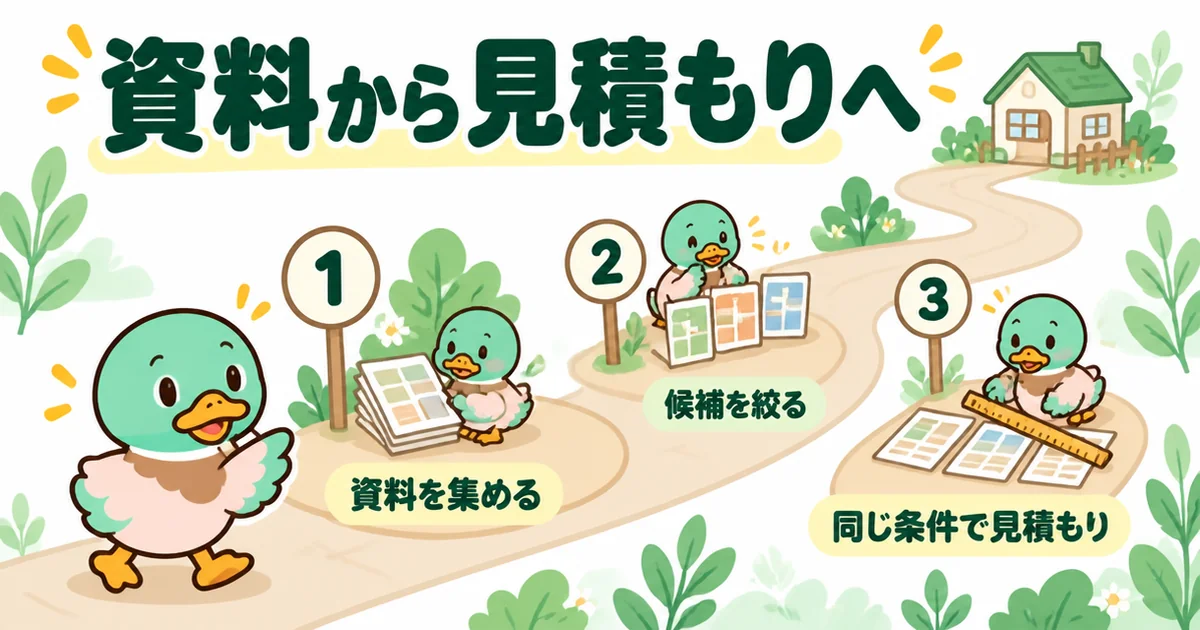 持ち家計画で資料を集め、候補を絞り、同じ条件で見積もりをもらう3つの順番を、番号つきの道であいみつが案内する図解。