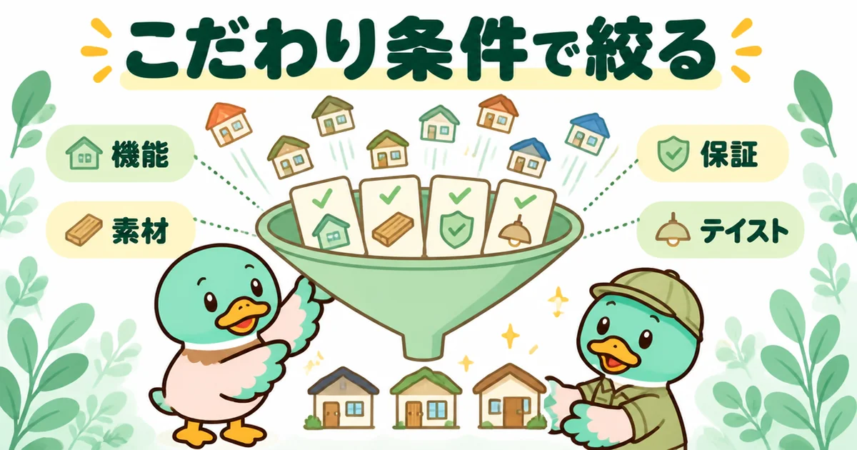 持ち家計画のこだわり条件(機能・素材・保証・テイスト)にチェックを入れると会社が絞り込まれる様子を、ろうとで表した図。