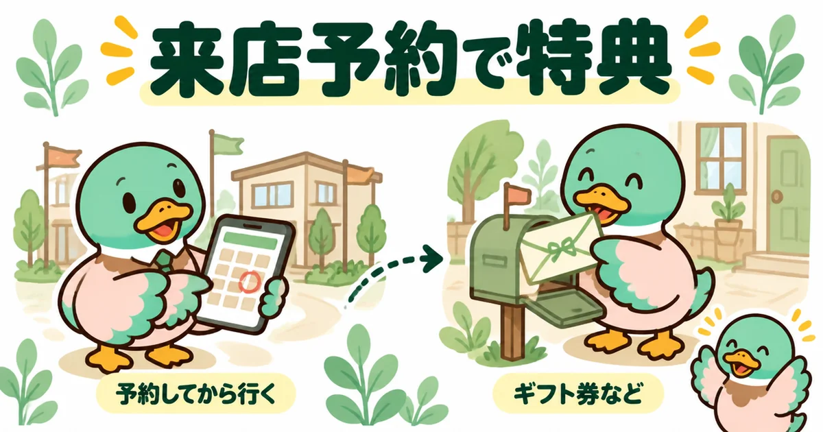 持ち家計画から展示場の来店予約をして、後日ギフト券などの特典を受け取るカモを2コマで描いたイラスト。