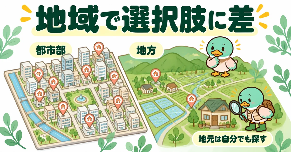 都市部はピンが多く地方は少ない2つの町の地図で、持ち家計画は地域によって選べる会社数に差があることを示した図。