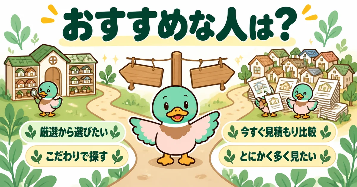 持ち家計画がおすすめな人とそうじゃない人を、分かれ道の道しるべであいみつが案内しているイラスト。