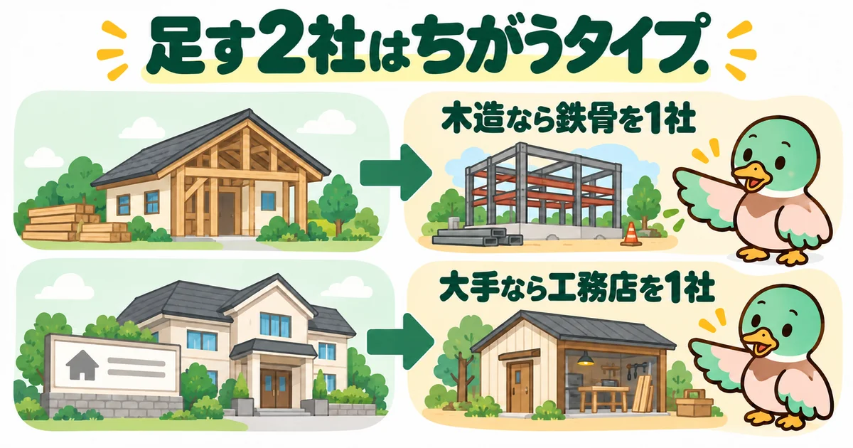 ハウスメーカーを何社回るか迷う人へ、足す2社は木造なら鉄骨、大手なら地場の工務店とちがうタイプから選ぶことを示す図解。