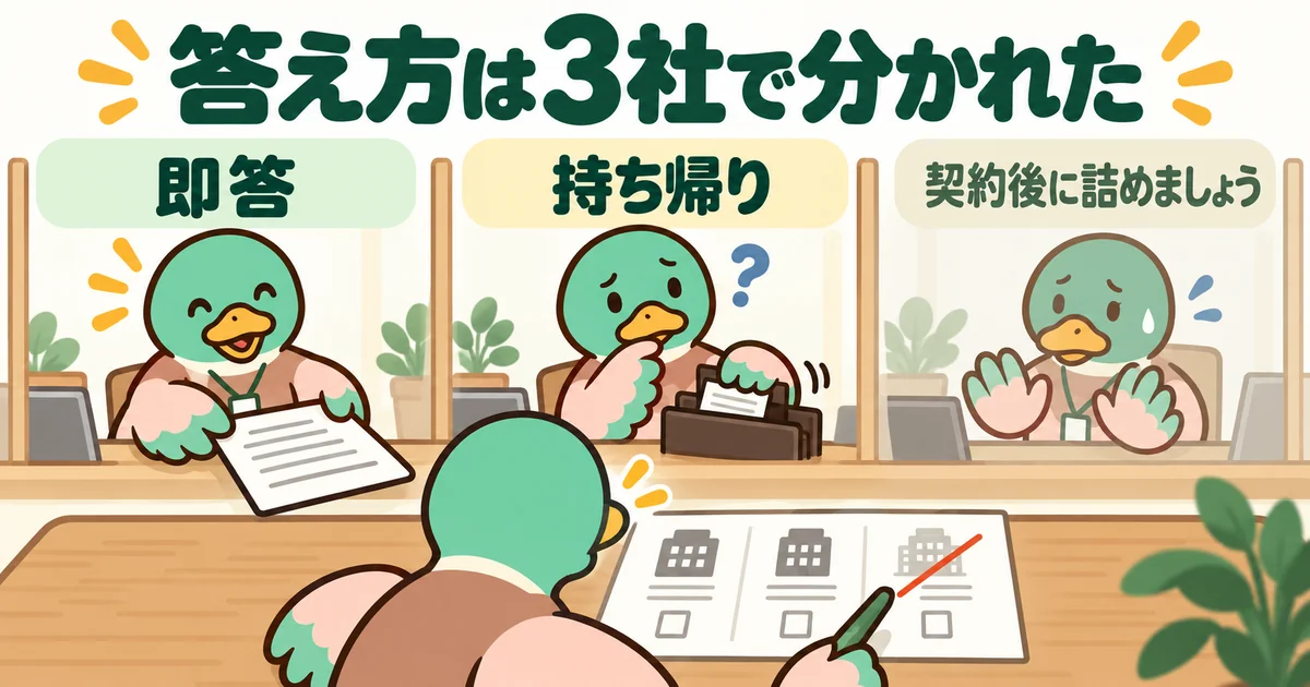 3社に同じ質問をしたら即答・持ち帰り・契約後にと答え方が分かれたことを3つの窓口で示す、ハウスメーカー比較の図解。