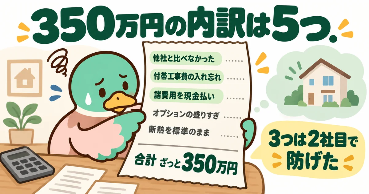 ハウスメーカーを何社も回らずに失った350万円の内訳を、比較なし・付帯工事費・諸費用・オプション・断熱の5行で示すレシートの図解。