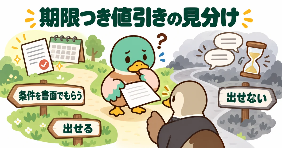 今月中にと期限を切られたら条件を書面でもらい、出せるか出せないかで見分ける分かれ道を示した、ハウスメーカー選びの図解。