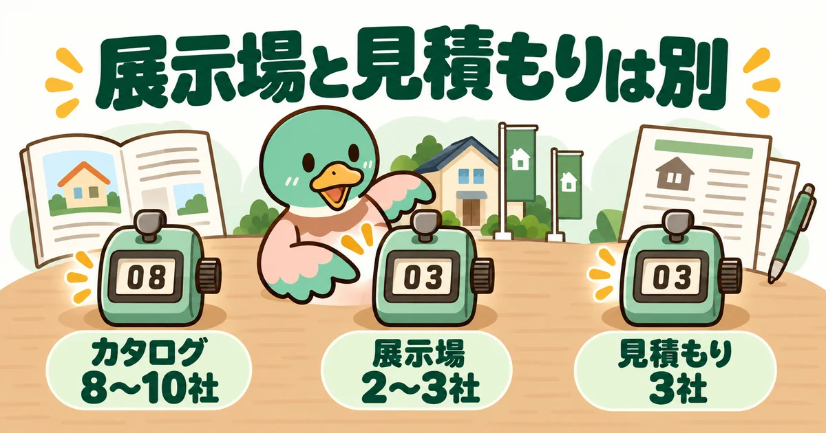 ハウスメーカーを何社回るかは、カタログ8〜10社・展示場2〜3社・見積もり3社と別々に数えることを示す3つのカウンターの図。
