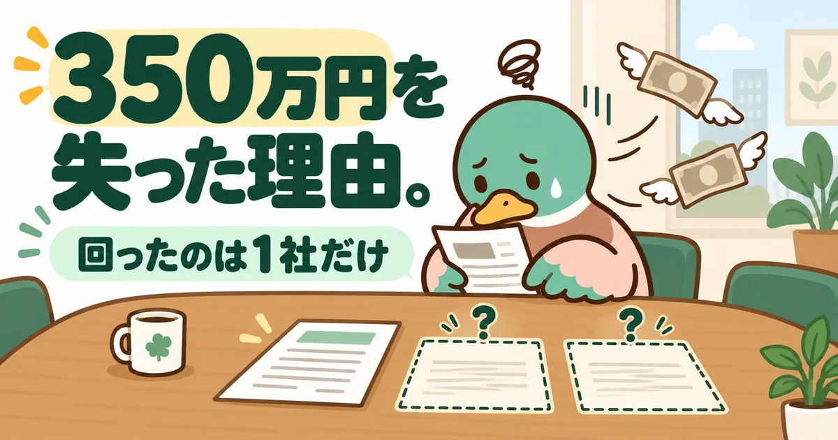 ハウスメーカーを何社も回らず1社だけで決めて350万円を失ったあいみつが、比べる相手のいない見積書を前にうなだれるイラスト。