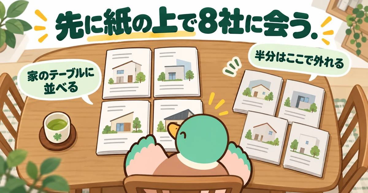 ハウスメーカーを何社回るか決める前に、家のテーブルへカタログを8冊並べて半分に絞るあいみつを真上から描いたイラスト。