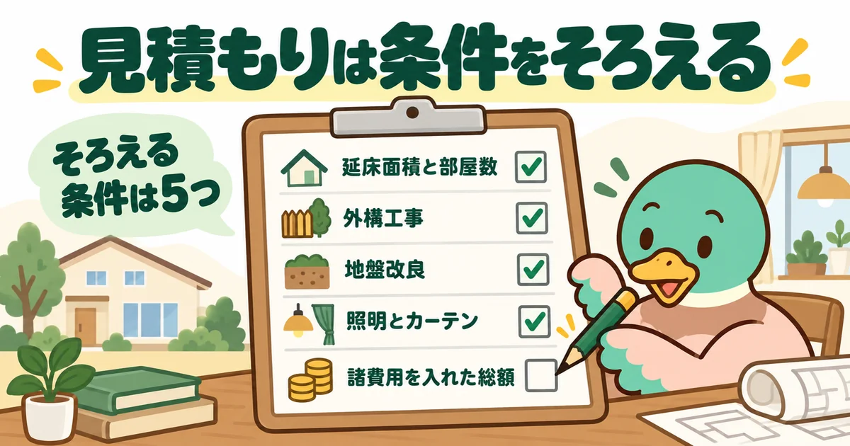 ハウスメーカー3社の見積もりを比べるためにそろえる5つの条件を、チェック表に書きこむあいみつのイラスト。
