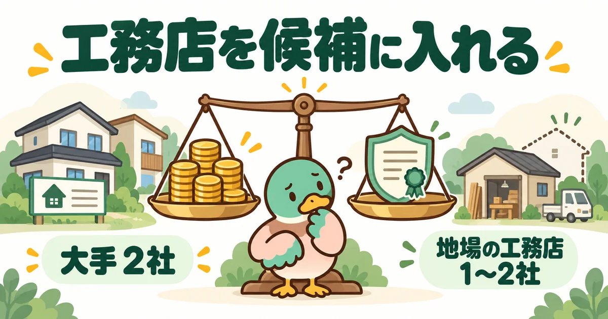 ハウスメーカーを何社回るかの候補に、大手2社と地場の工務店1〜2社を入れ、価格差と保証を天びんにかけるあいみつの図。