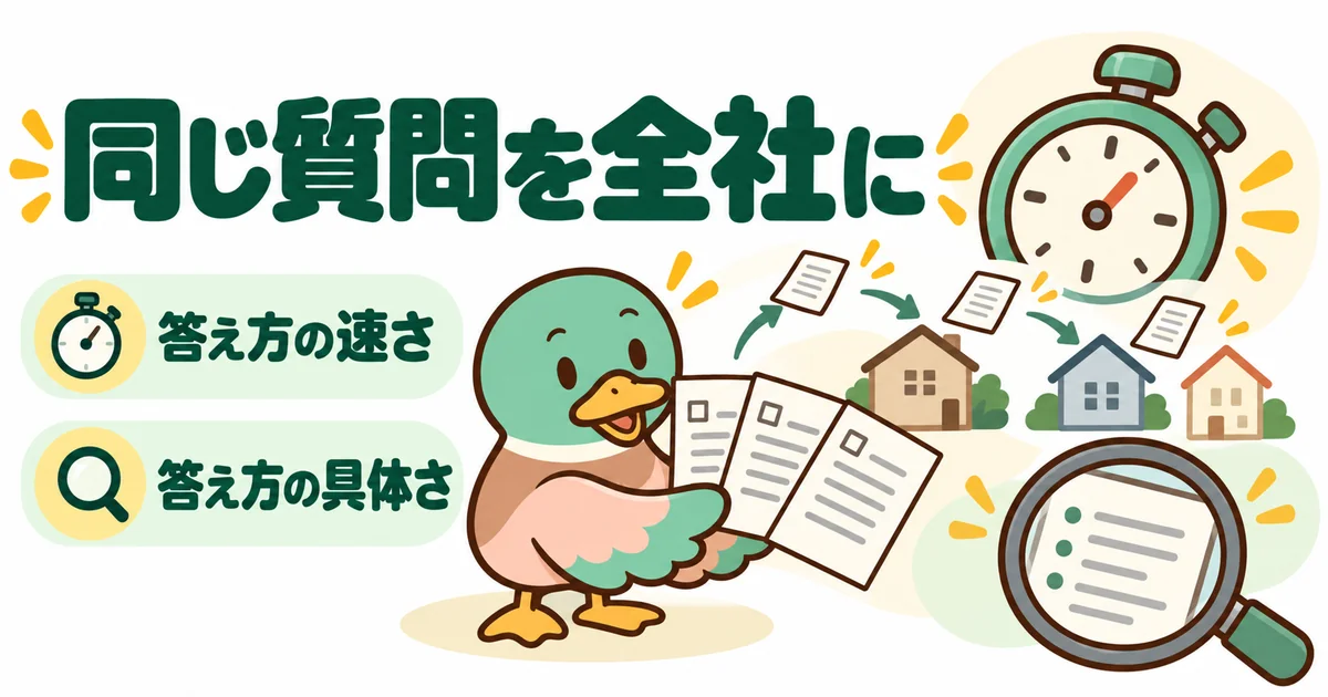 ハウスメーカーを何社回っても同じ質問を全社に出し、答え方の速さと具体さを比べるあいみつのイラスト。