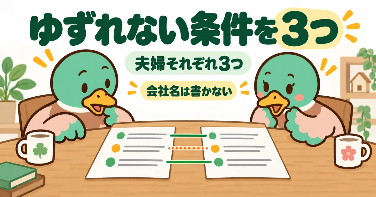 ハウスメーカーを何社回っても決まらない夫婦のカモが、ゆずれない条件を3つずつ紙に書いて見比べるイラスト。