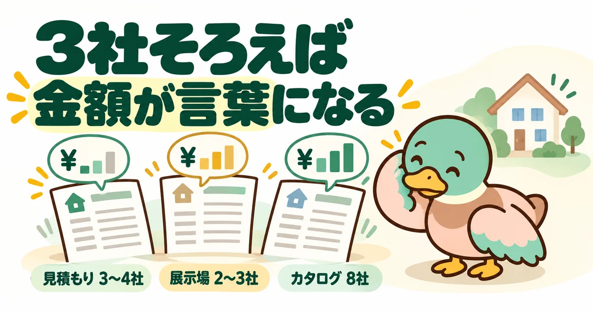 ハウスメーカーを何社回るかのまとめとして、見積もり3〜4社・展示場2〜3社・カタログ8社を示し、3枚の見積書に耳をかたむけるあいみつ。