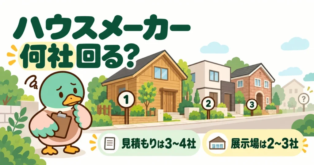 ハウスメーカーは何社回るかの目安を、見積もりは3〜4社・展示場は2〜3社と示すあいみつと道沿いに並ぶ家のイラスト。