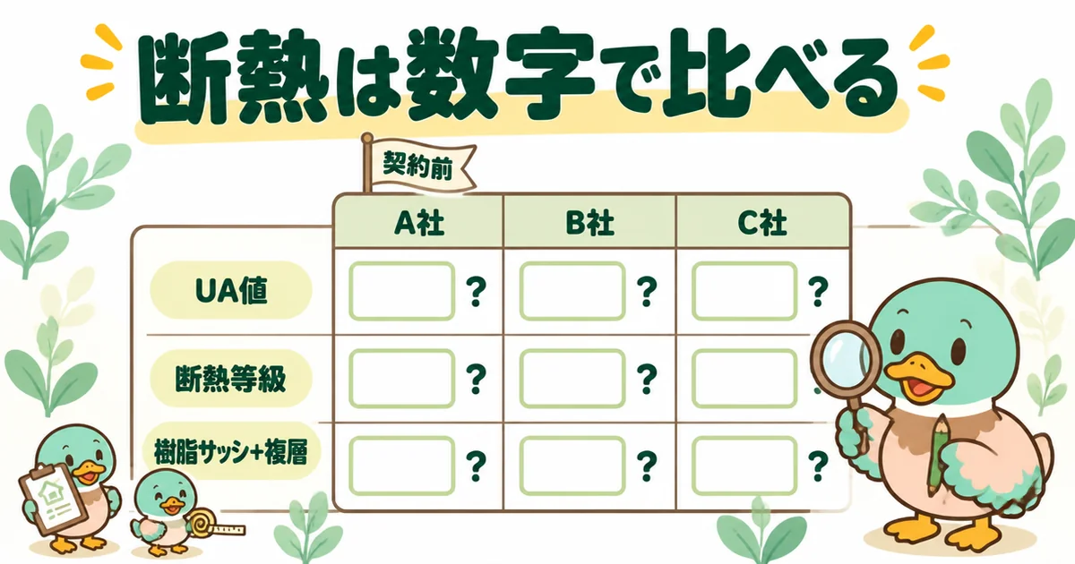断熱の後悔を防ぐために、UA値・断熱等級・窓の仕様を契約前に各社で比べる表の図解。