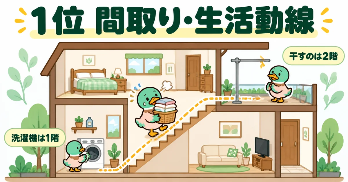 注文住宅の後悔ランキング1位の生活動線を、1階の洗濯機から2階のバルコニーへ洗濯物を運ぶ断面図で表したイラスト。