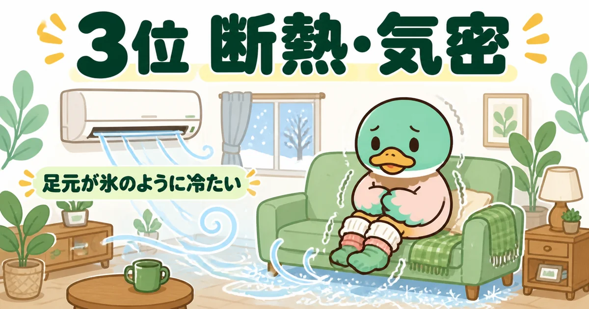 注文住宅の後悔ランキング3位の断熱で、冬のリビングの足元が冷たく靴下を二枚重ねにして震えるあいみつのイラスト。