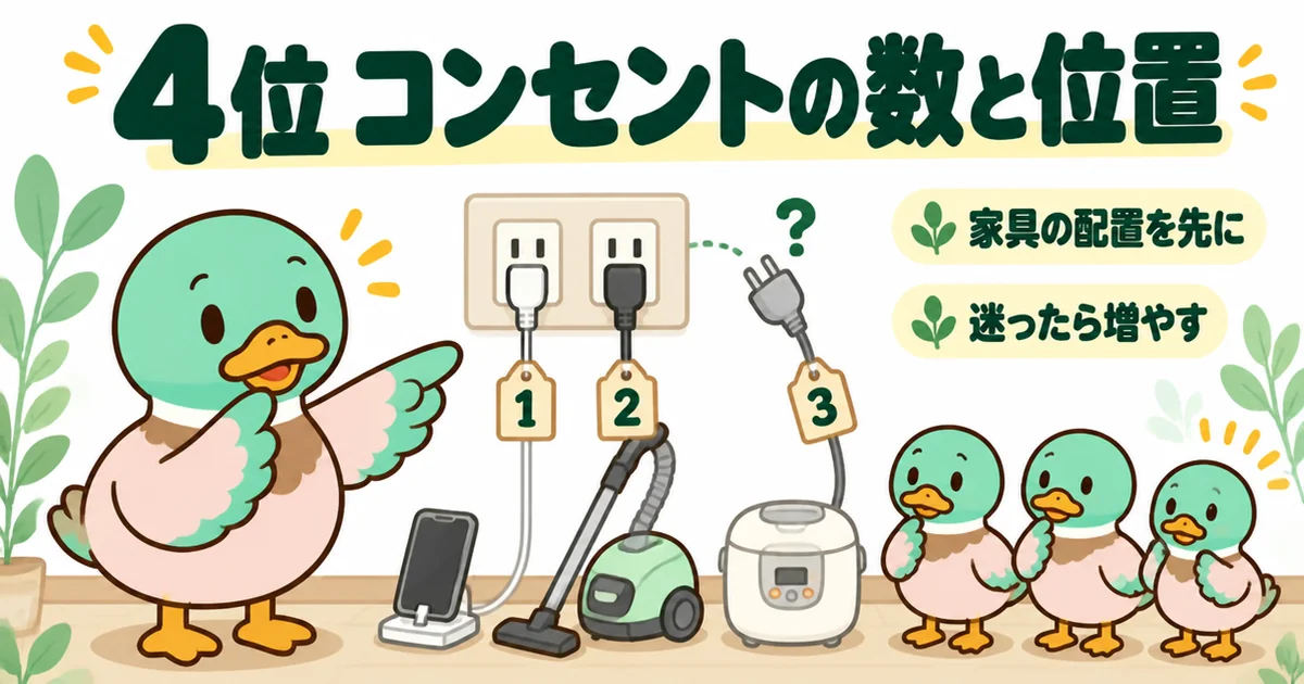 注文住宅の後悔ランキング4位のコンセントで、使う家電を一つずつ数えると口が足りなくなる様子を描いたイラスト。
