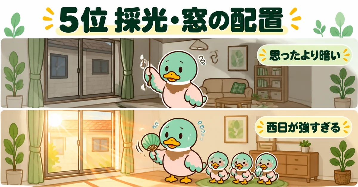 注文住宅の後悔ランキング5位の採光で、隣家が近くて暗い窓と西日が強すぎる窓を上下に並べたイラスト。