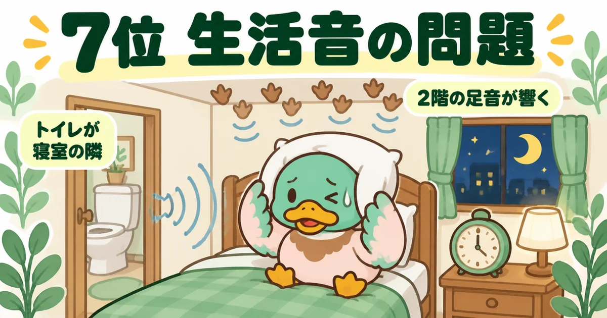 注文住宅の後悔ランキング7位の生活音で、寝室の隣のトイレと2階の足音が夜に響いて眠れないあいみつのイラスト。