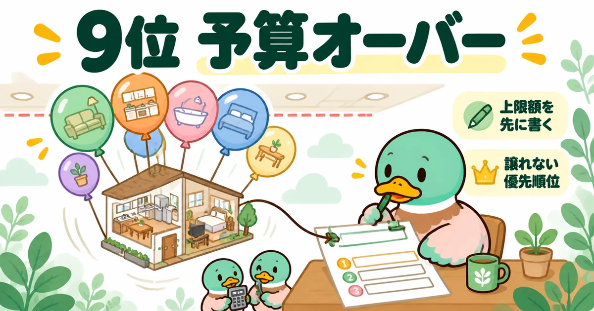 注文住宅の後悔ランキング9位の予算オーバーで、膨らむオプションの風船と、上限額と優先順位を紙に書くあいみつのイラスト。