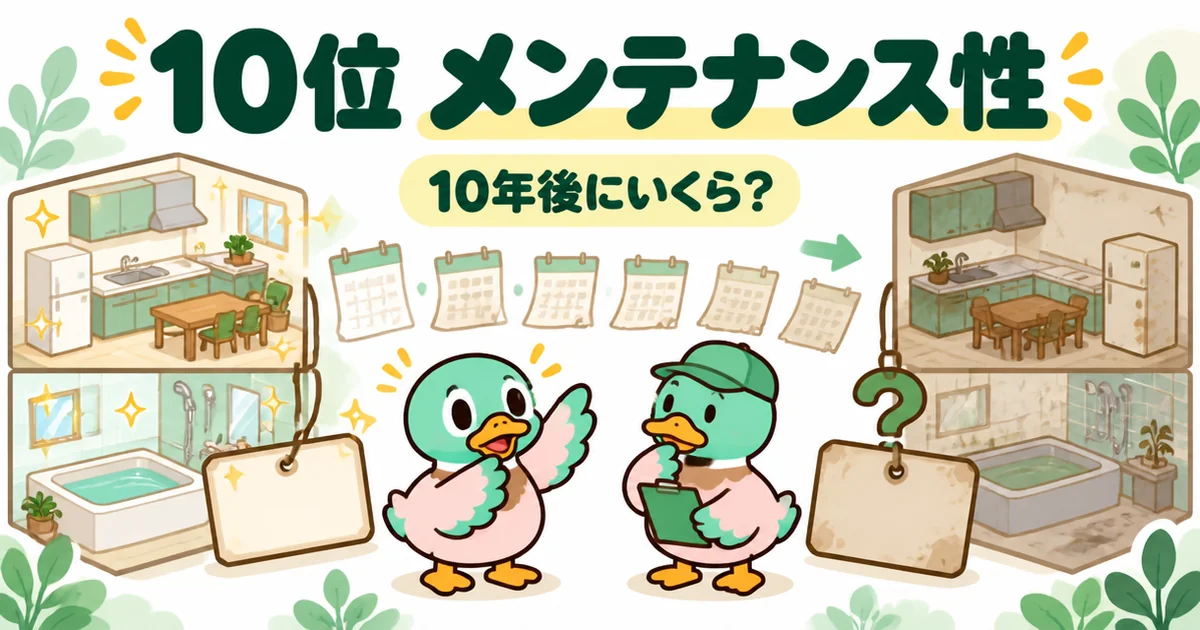 注文住宅の後悔ランキング10位のメンテナンス性で、新品の設備と10年後の交換費を値札で比べたイラスト。