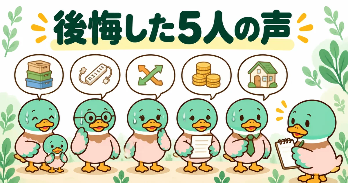 注文住宅で後悔した5人の体験談を、収納・コンセント・動線・予算・1社即決の小物を持つ5羽のカモで表したイラスト。