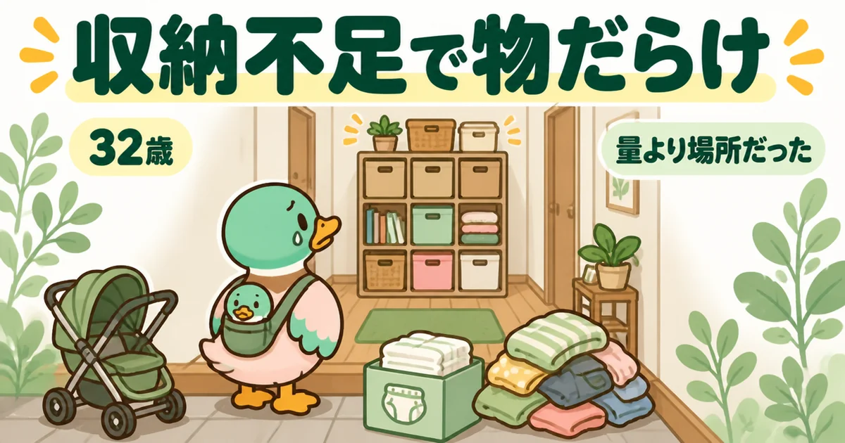 注文住宅の収納不足で後悔した32歳の体験談として、新築の廊下に三段重ねのカラーボックスが置かれた場面のイラスト。