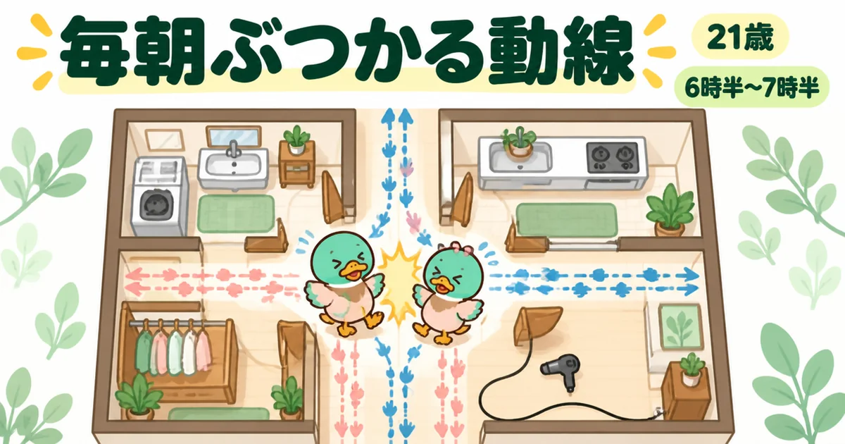 注文住宅の動線で後悔した21歳の体験談として、朝の支度で夫婦の動きが狭い廊下で交差する間取りを上から見たイラスト。