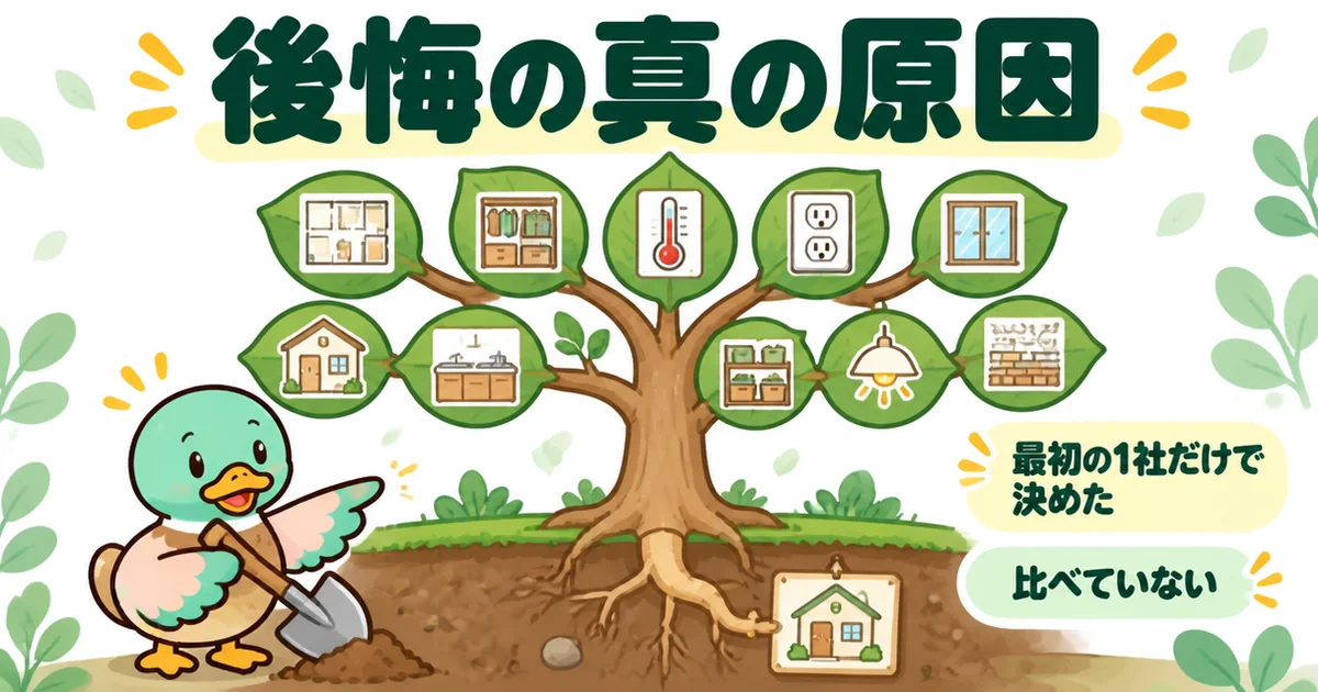 注文住宅の後悔ランキング10項目の真の原因が、最初の1社だけで決めて比べていないことだと木と根で表したイラスト。