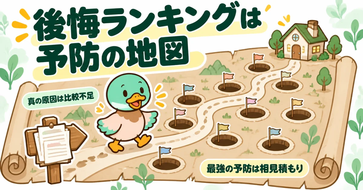 注文住宅の後悔ランキングを予防の地図として使い、10個の落とし穴をよけてゴールの家へ向かうあいみつのイラスト。