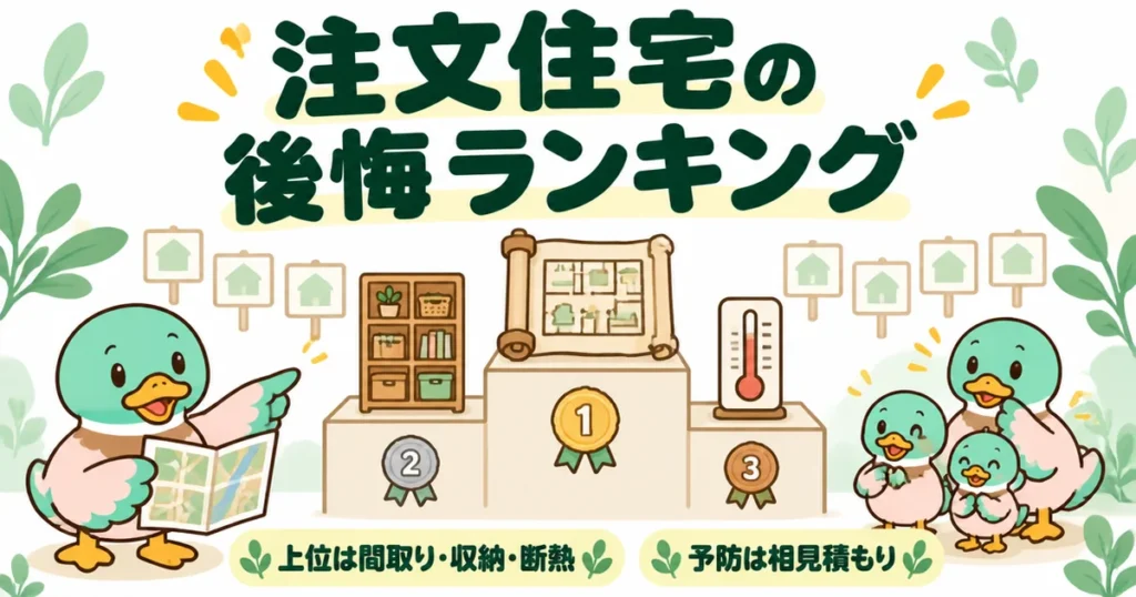 注文住宅の後悔ランキングの上位が間取り・収納・断熱であることを、表彰台と地図を持つあいみつで示したイラスト。