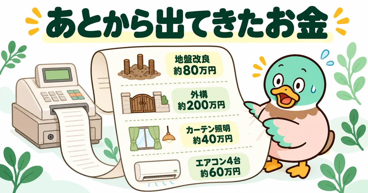 あいみつが見落とした地盤改良・外構・カーテンと照明・エアコンの費用を、長いレシートに並べた図解。土地より先に知りたい上乗せ分。