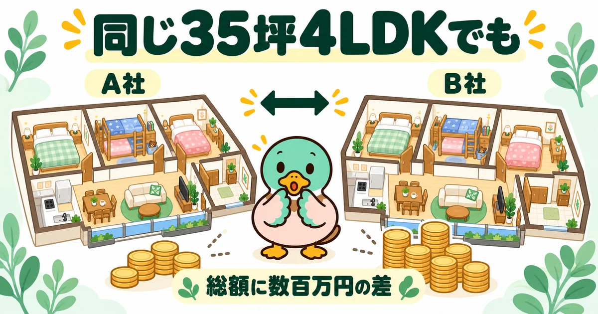 同じ35坪4LDKでもA社とB社で総額が数百万円ちがうことを、同じ家2軒とコインの山で比べた図解。土地より先に分かる差。