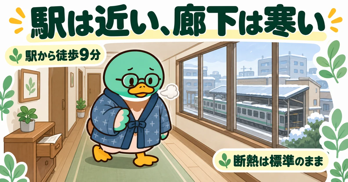 駅から徒歩9分の土地を先に選び、断熱は標準のままにした家で、冬の朝の寒い廊下を歩く38歳男性のカモの図解。