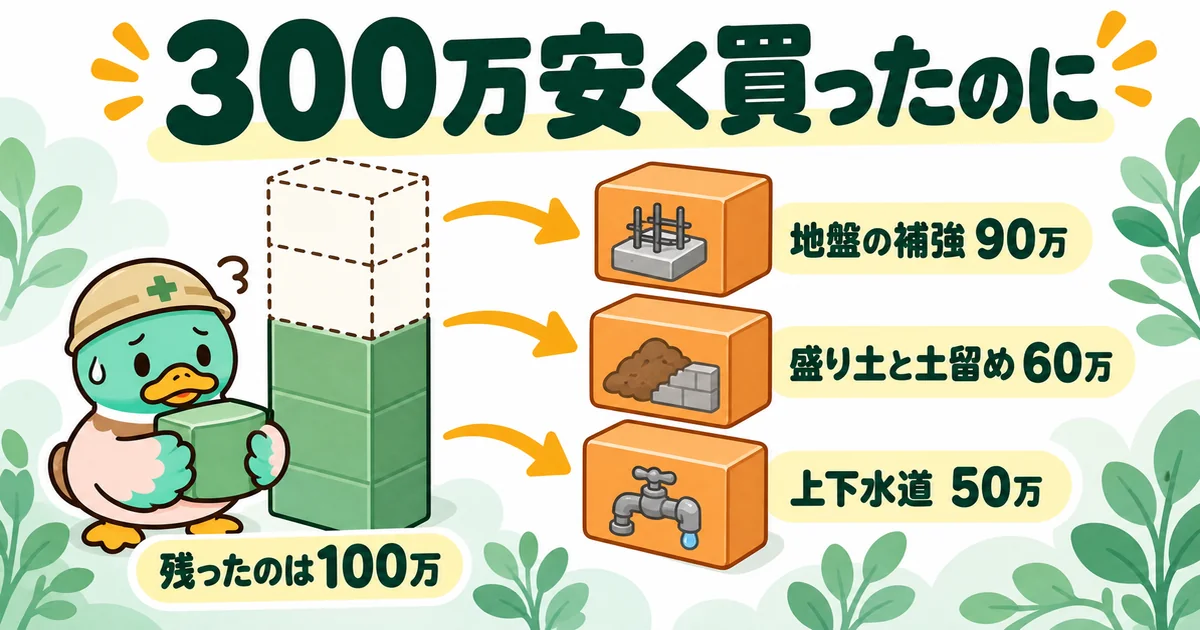 300万安く買った土地に、地盤の補強90万・盛り土と土留め60万・上下水道50万が先に分からず乗り、残りが100万になった図解。