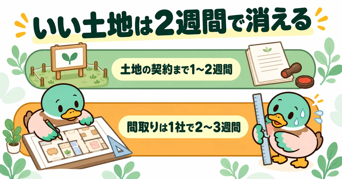 土地の申し込みから契約までは1〜2週間、ハウスメーカー1社の間取りは2〜3週間かかり、土地が先だと間に合わないことを示す棒の図。