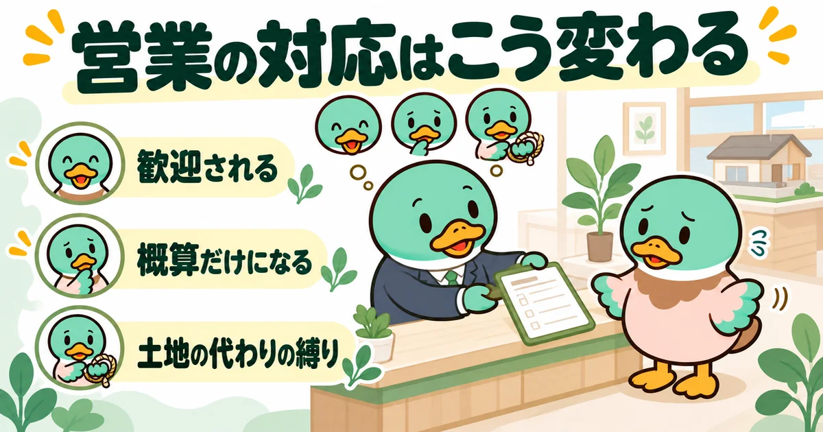 土地が決まってないとハウスメーカーの営業に伝えたとき、対応が3つの方向に変わることを展示場の受付で示した図。
