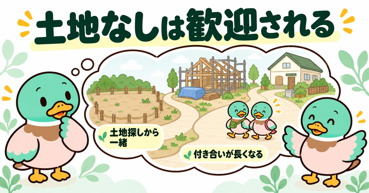 土地なしの人は付き合いが長くなるため、ハウスメーカーの営業から歓迎されることを、営業の頭の中の長い道で示した図。