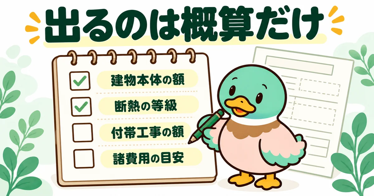 土地決まってない段階でハウスメーカーに聞く、建物本体・断熱の等級・付帯工事・諸費用の4つの概算をメモ帳で確かめるあいみつ。