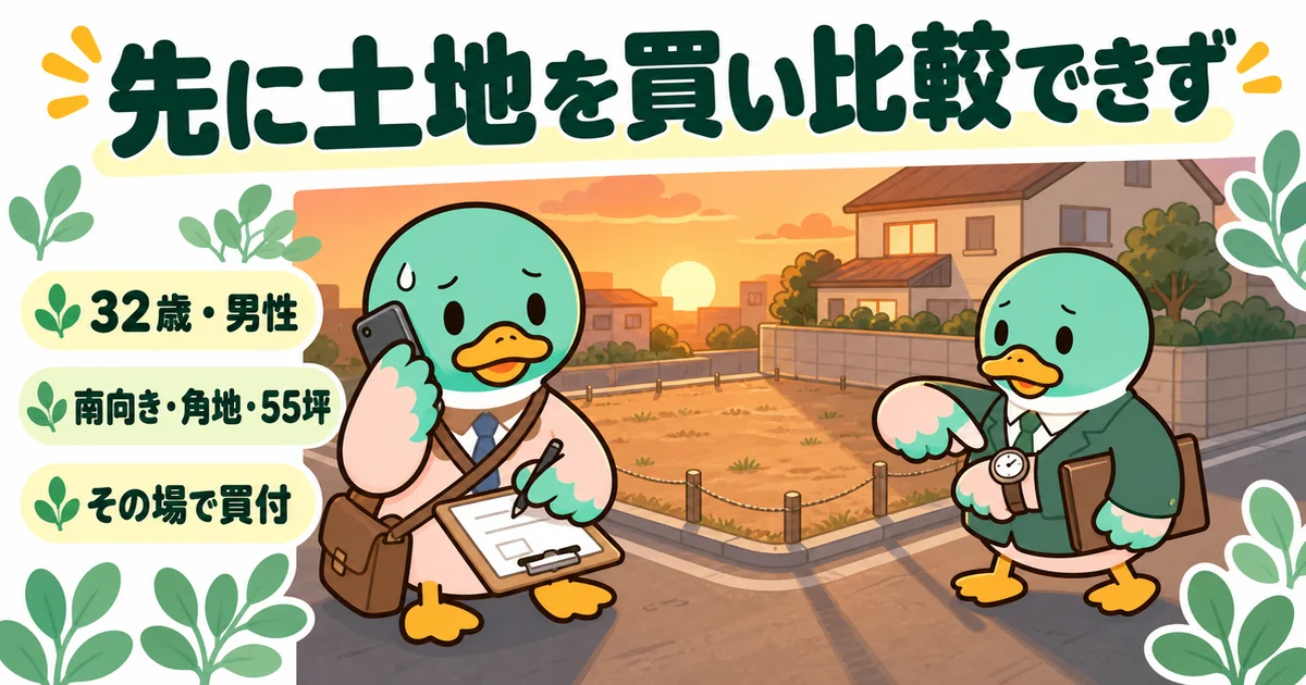 ハウスメーカーを比べるより先に、夕方の角地でその場で買付を書いた32歳男性のカモのイラスト。