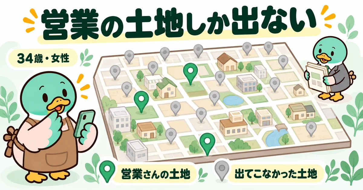 土地探しをハウスメーカーの営業に任せ、自分で調べたら出てこなかった土地がいくつもあったと気づく34歳女性のカモ。