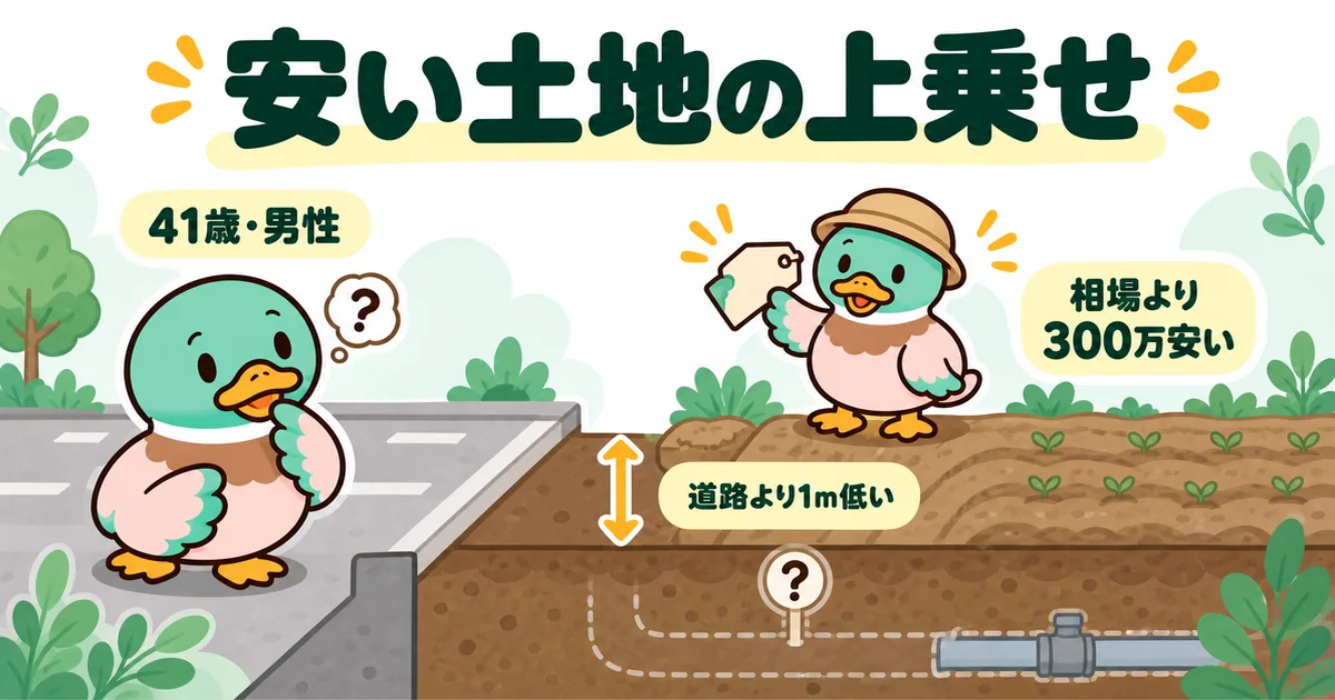 相場より300万安い、道路より1メートル低い元は畑の土地を、ハウスメーカーに聞くより先に買った41歳男性のカモ。