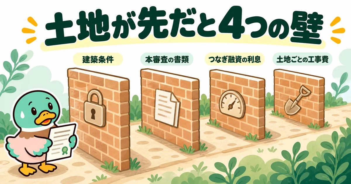 ハウスメーカーより土地を先に契約した人がぶつかる、建築条件・本審査の書類・つなぎ融資・工事費の4つの壁を示す図。