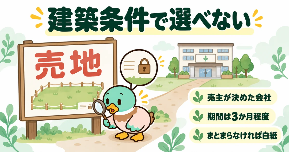 建築条件付きの土地は売主が決めた会社で建てる条件があり、ハウスメーカーを選べないことを看板の小さな字で示した図。