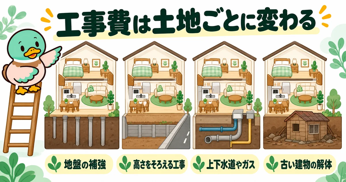 同じ家でも土地ごとに地盤の補強や引き込みなどの工事費が変わるため、買うより先にハウスメーカーへ見せたい4つの地面の図。