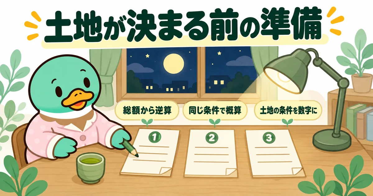 土地決まってない今夜からできる3つの準備を、夜の机に並べたメモで始めるあいみつ。ハウスメーカーを先に比べる下ごしらえ。