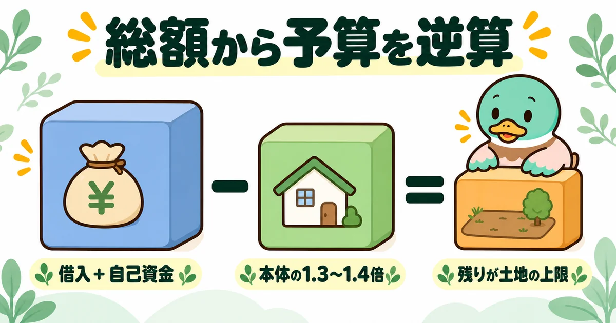 借入と自己資金の総額から、本体の1.3〜1.4倍で見た建物側を先に引き、残りを土地の上限にする逆算の図。